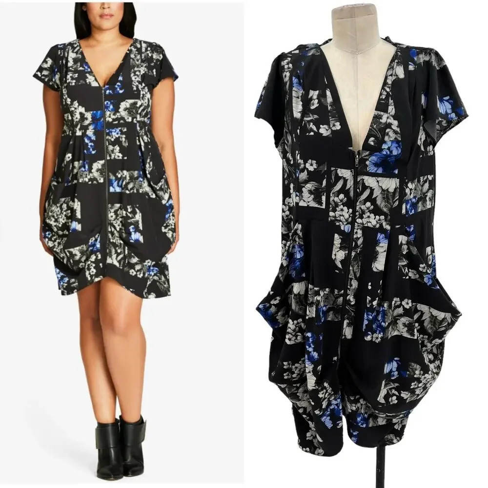 City Chic Geometric‎ Floral Print Ultra Blue Zip Front Dress Black Plus Size 16